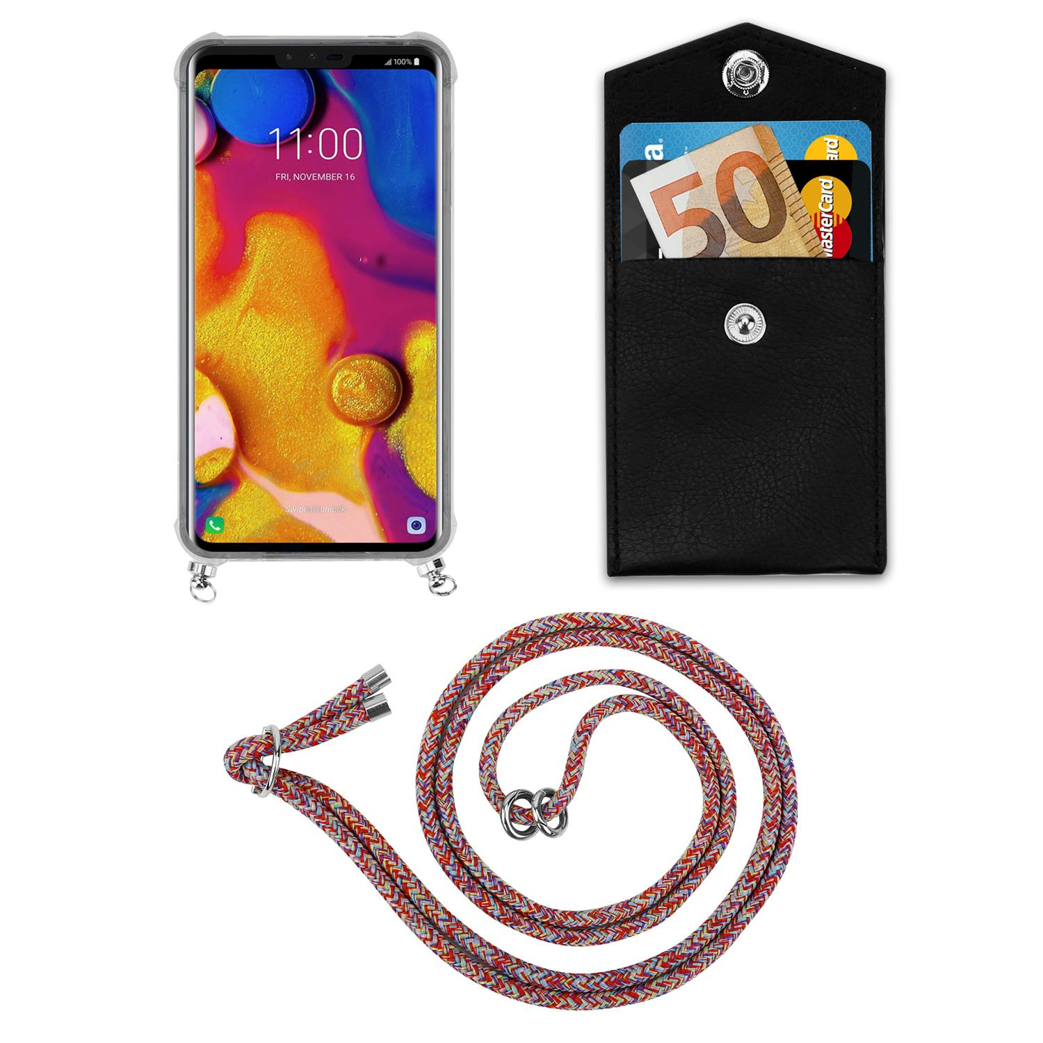 Telefon in einer Hülle und eine schwarze Hülle mit Geld. Ein farbenfroher Riemen. Hintergrund weiß.