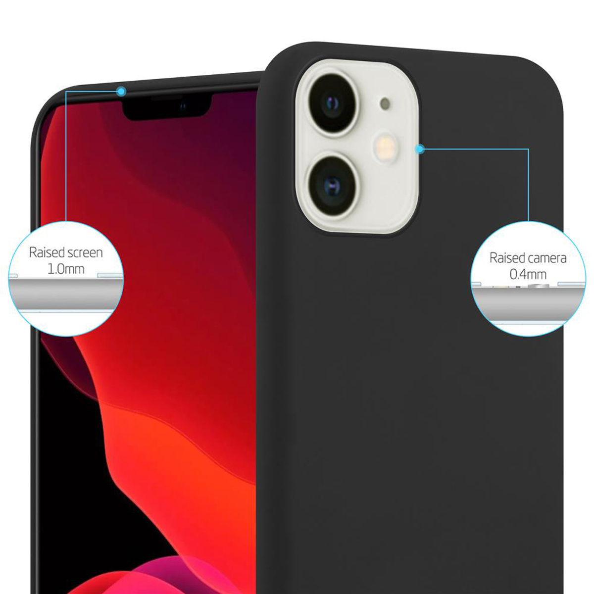 Una custodia nera per telefono con bordi rialzati attorno allo schermo e alla fotocamera.
