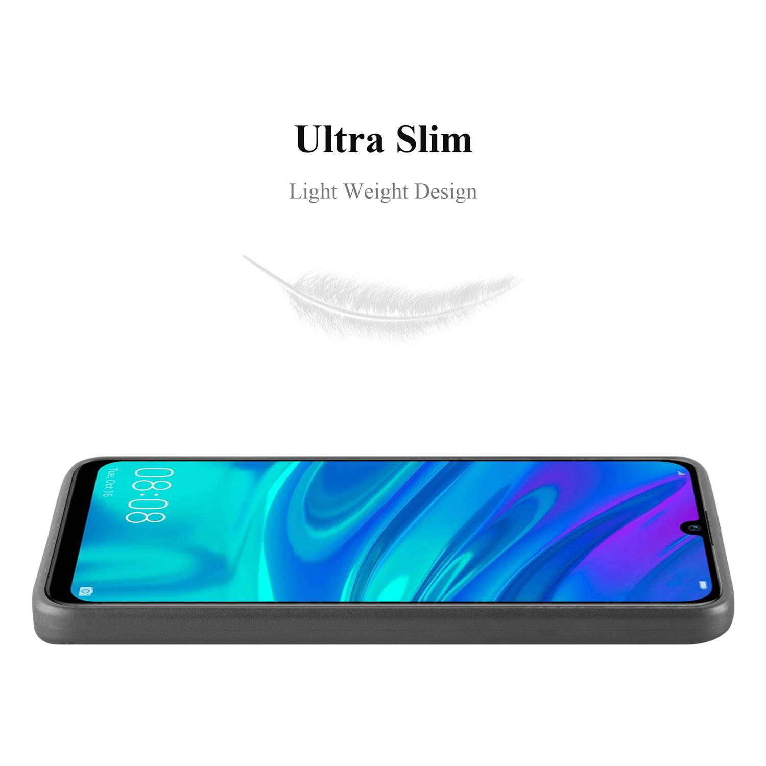 Una custodia grigia per telefono con un telefono e una piuma su sfondo bianco.