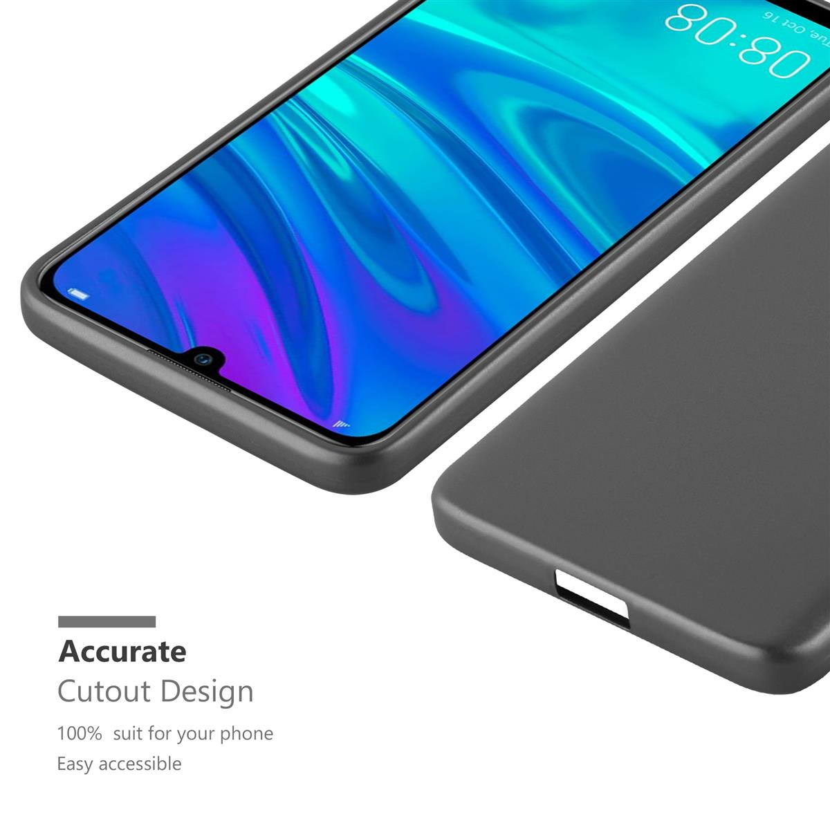 Primo piano di una custodia grigia per telefono. Testo: Design accurato, adatto al 100% al tuo telefono, facile accesso.