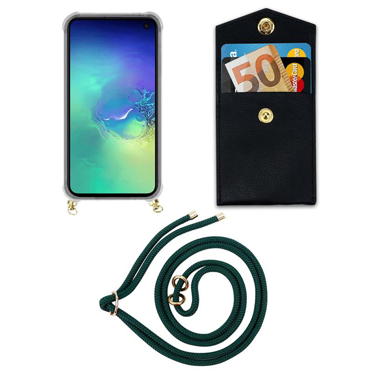 Custodia per telefono con portafoglio nero, cordino e corda verde, con telefono visibile.