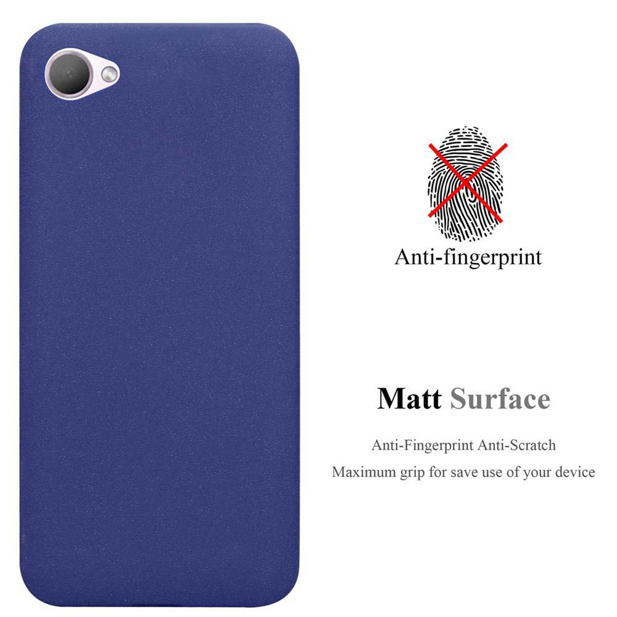Una custodia blu con un telefono. Caratterizzata da superficie opaca e design anti-impronta senza icona dell'impronta digitale.