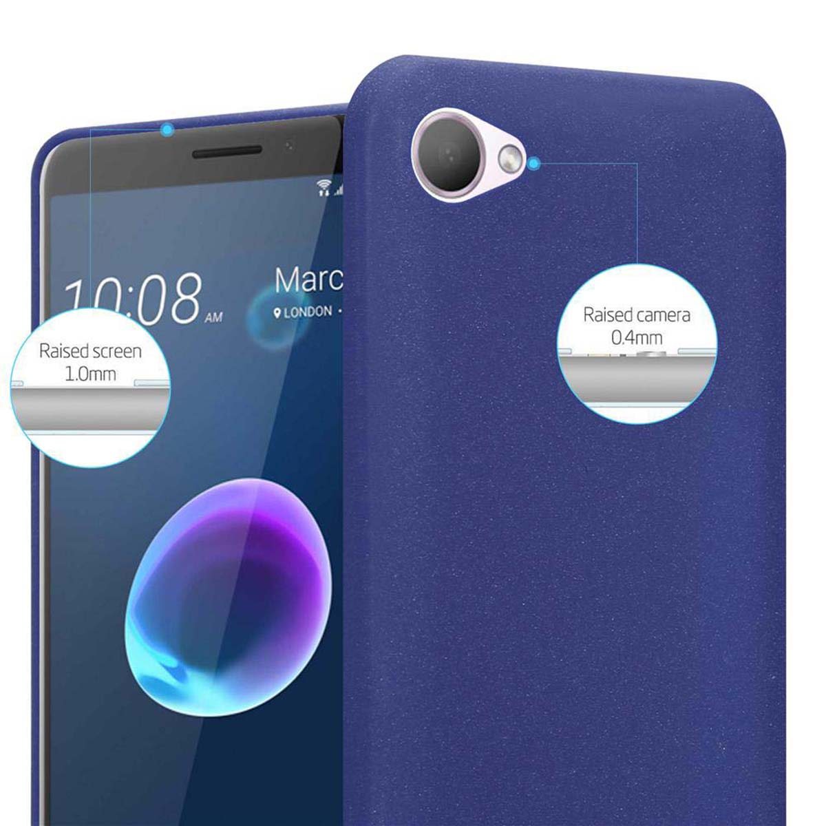 Custodia blu per telefono con fotocamera. Il testo dice fotocamera rialzata e schermo rialzato.