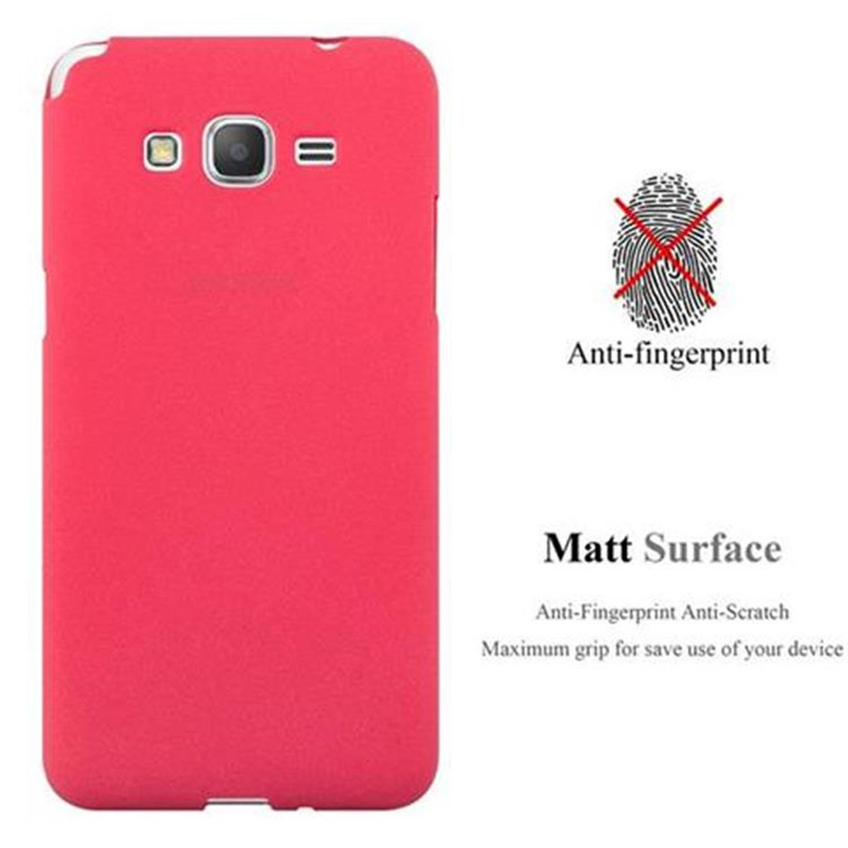 Una funda roja para teléfono con un símbolo de huella dactilar con una x. El texto dice 'Anti-huellas dactilares' y 'Matt Surface'.