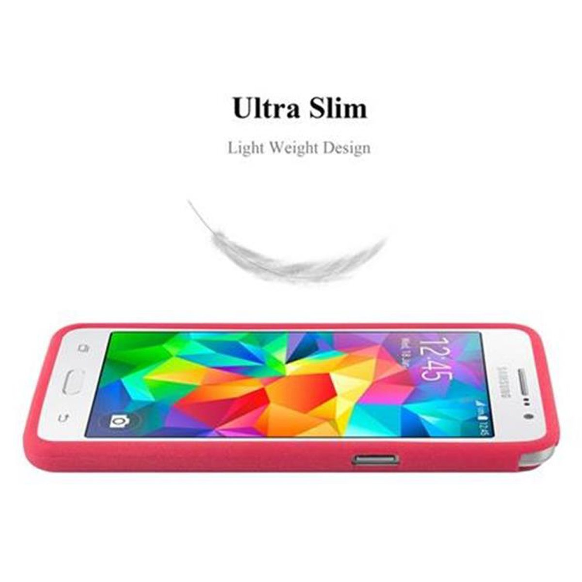 Funda de teléfono rosa con fondo blanco. El teléfono muestra la hora. El texto dice "Ultra Slim".