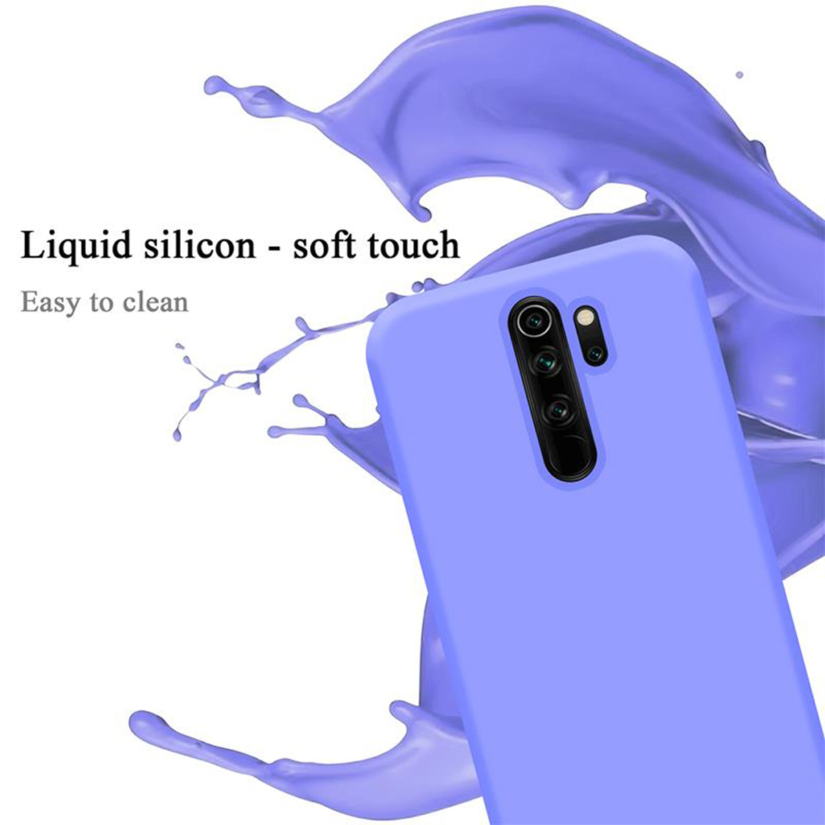 Una custodia per telefono viola chiaro con uno spruzzo blu. Il testo sulla custodia è visibile.