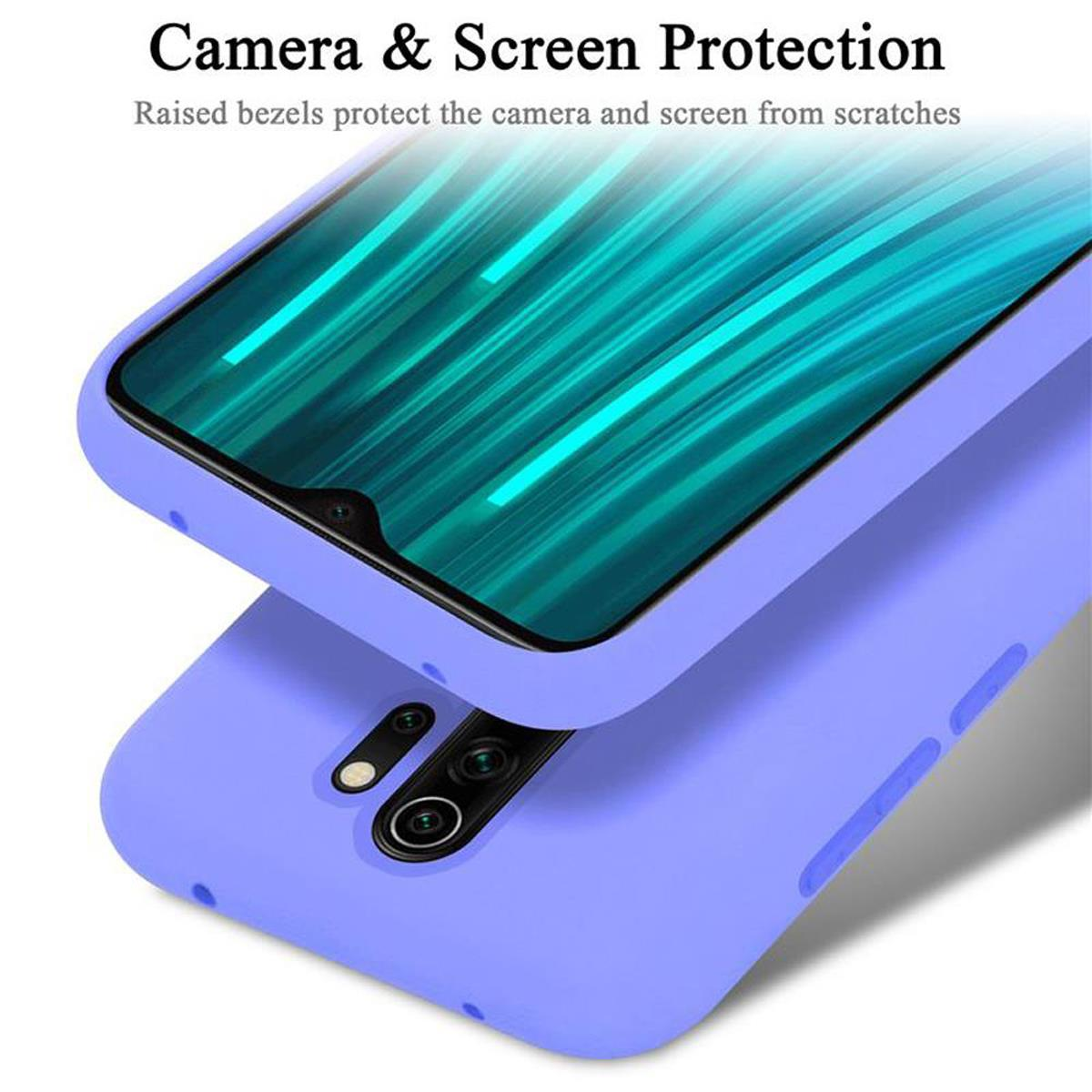 Una custodia per telefono viola che protegge lo schermo di un telefono. Il testo dice 'protezione fotocamera e schermo'.