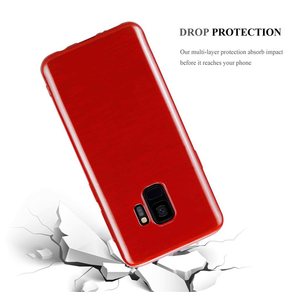 Custodia per telefono rossa, superficie bianca screpolata e testo che dice 'DROP PROTECTION'.