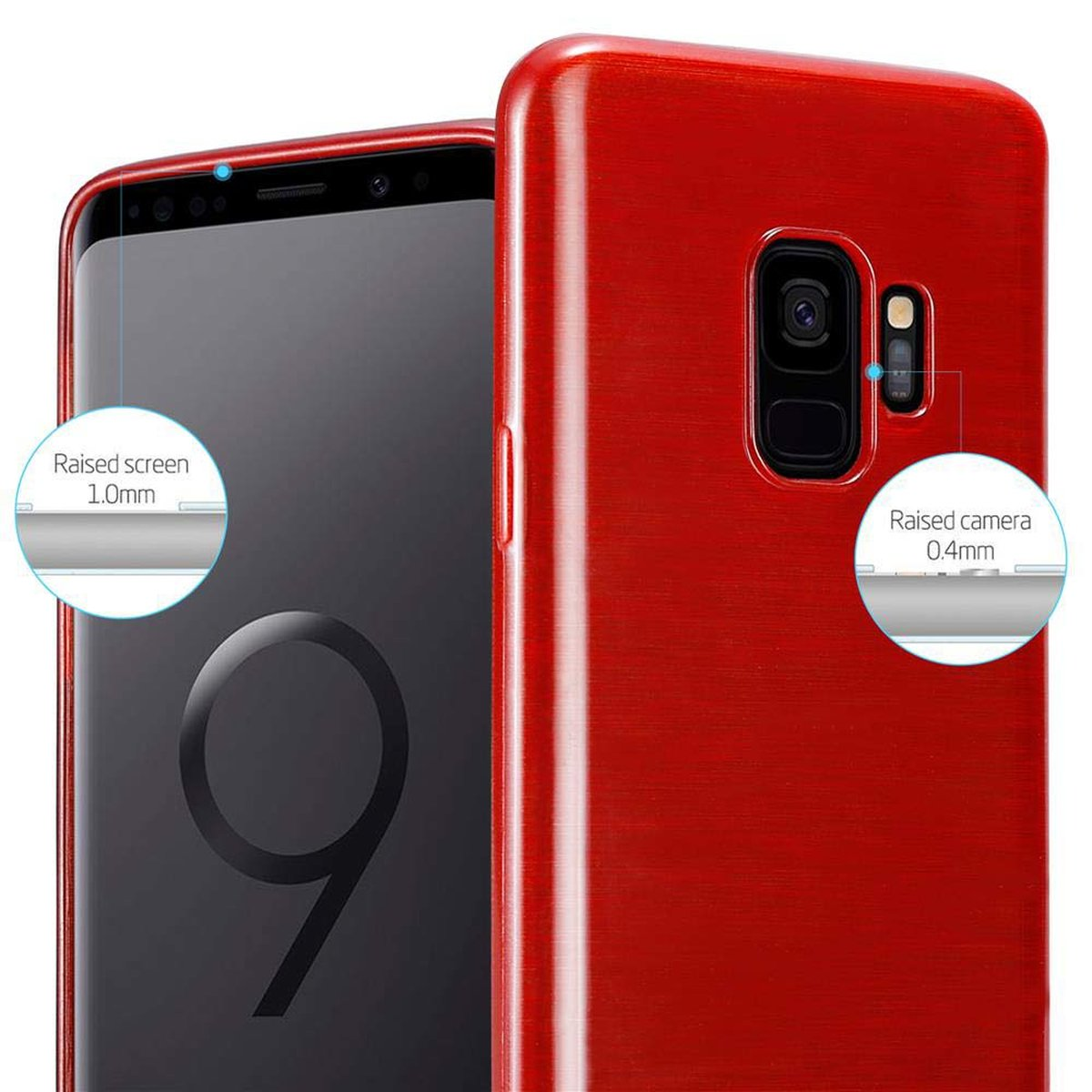 Custodia per telefono rossa. Bordi schermo e fotocamera rialzati. Sfondo bianco.