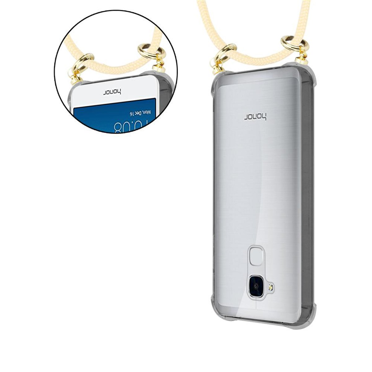 Ein Telefon in einer durchsichtigen Hülle mit einem Lanyard. Die Hülle wird in Nahaufnahme und Perspektive gezeigt. Der Hintergrund ist weiß.
