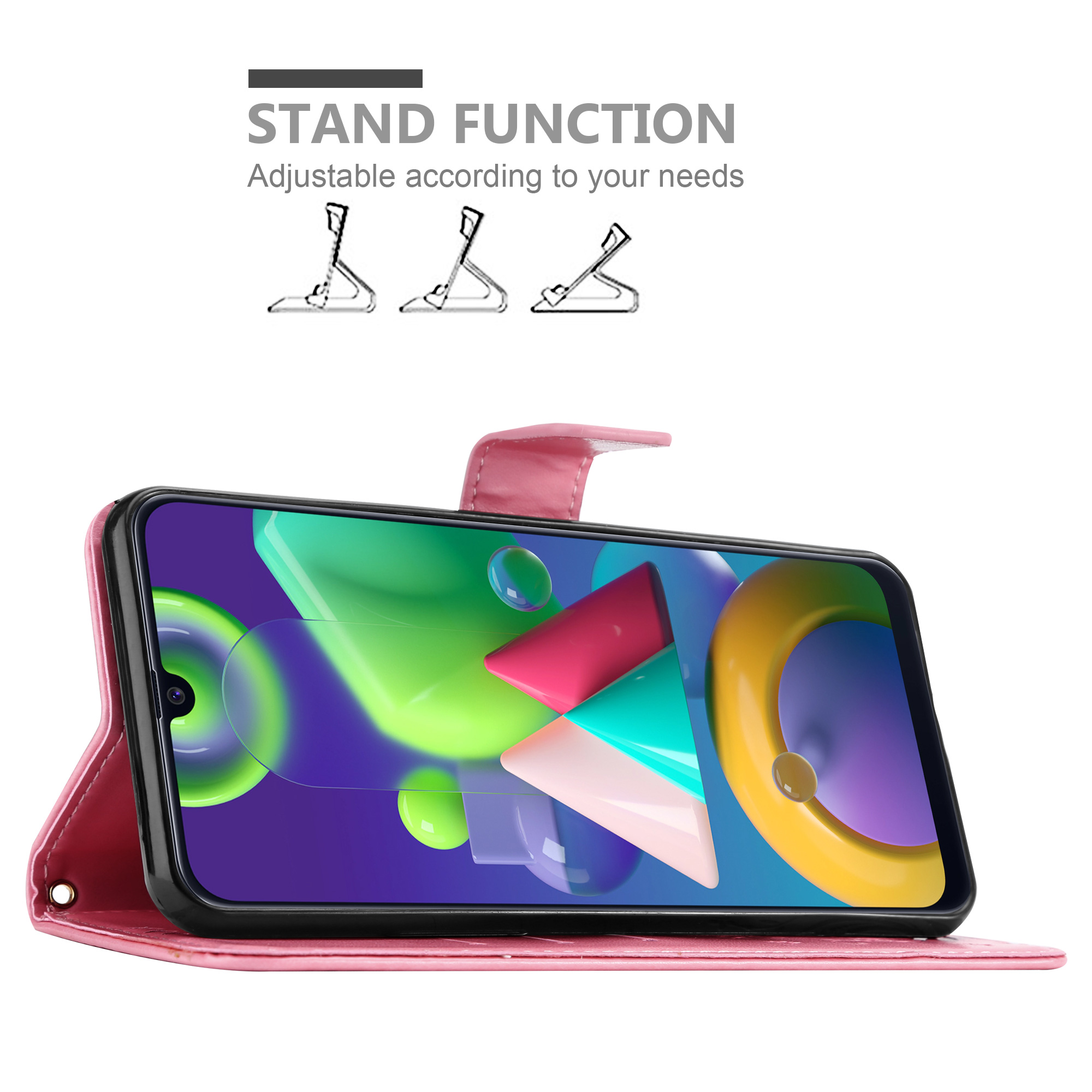Custodia per telefono rosa che si apre con un telefono all'interno. Sono mostrate tre posizioni di supporto.