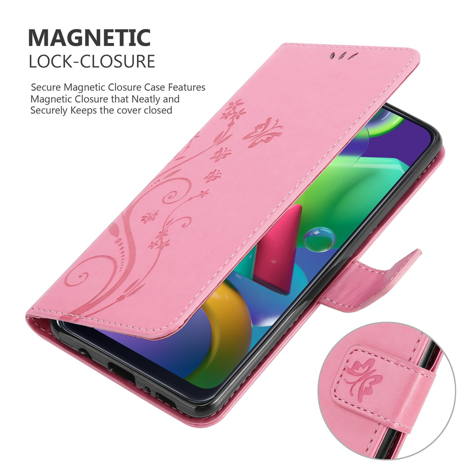 Una custodia per telefono rosa con un design floreale. La custodia è aperta, mostra un telefono e ha una chiusura magnetica.