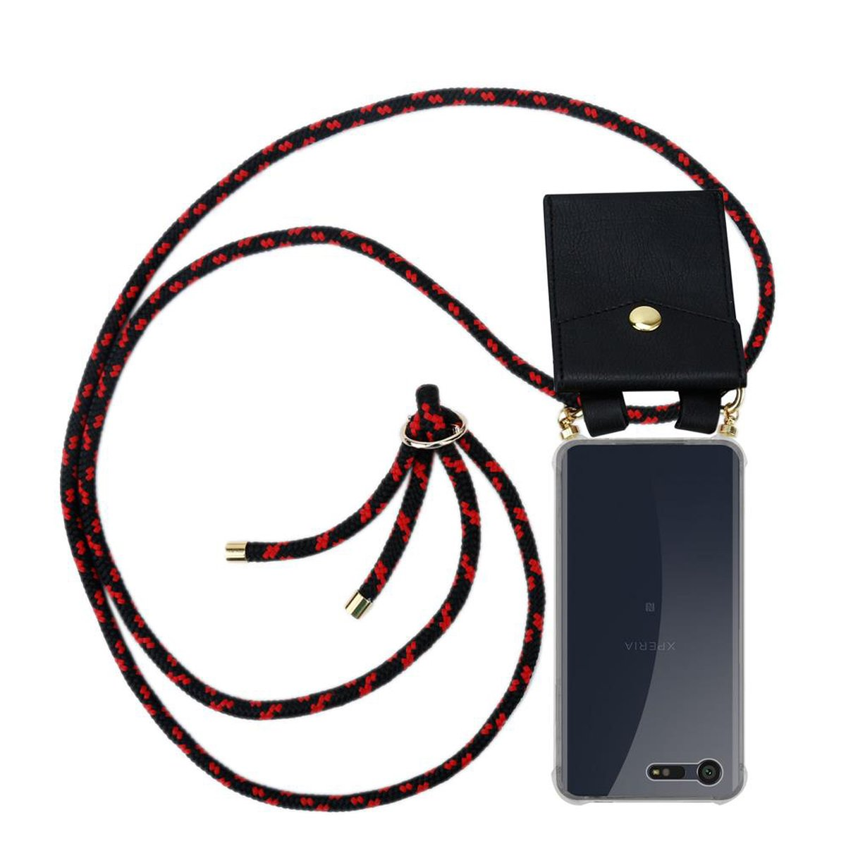 Funda negra para teléfono con correa roja/negra. Teléfono transparente. Soporte de cuero negro para teléfono.