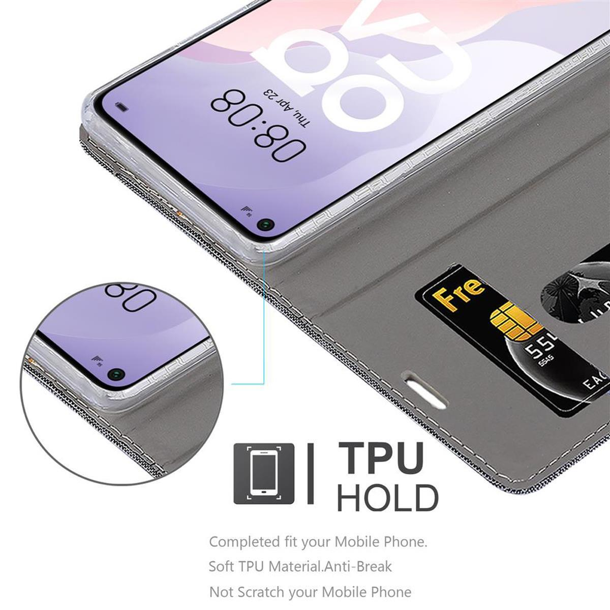 Un primo piano di un telefono con custodia e un testo che descrive la funzione di supporto in TPU.