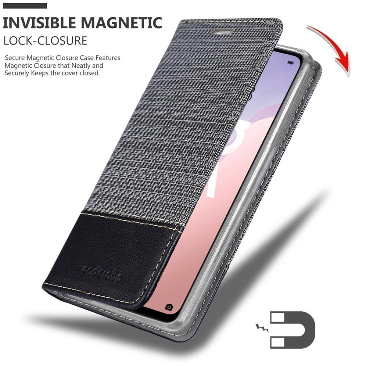Custodia per telefono con chiusura magnetica. Custodia aperta che mostra il telefono.