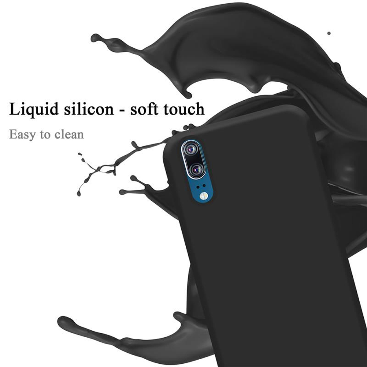 Schwarze Handyhülle mit Telefon, mit Flüssigkeitsspritzereffekt. Details sind fokussiert.