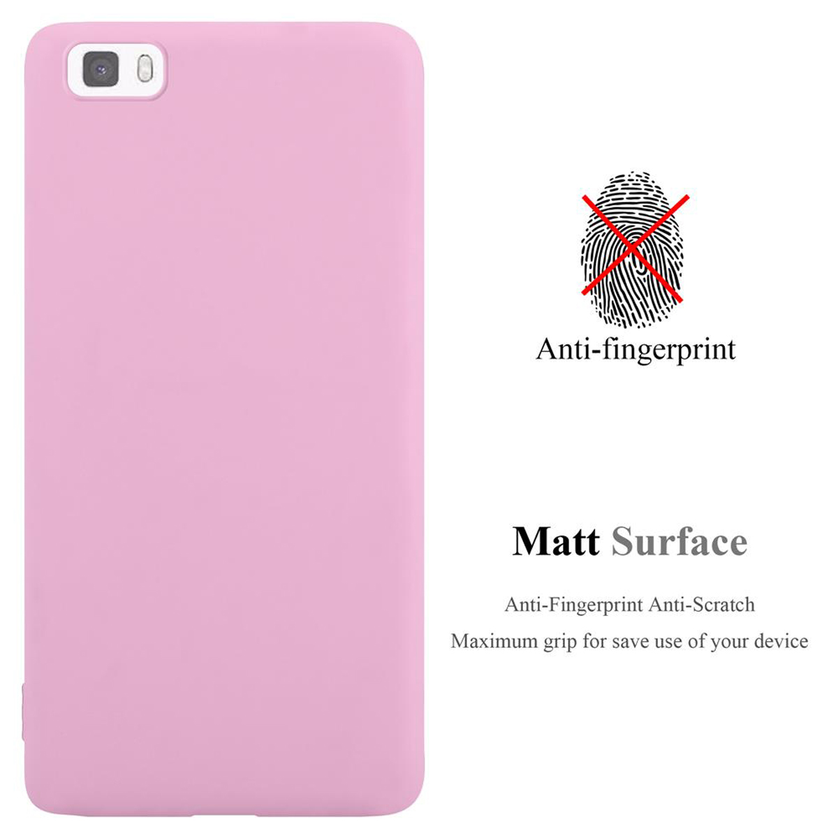 Funda rosa para teléfono, con texto "Antihuellas" y "Superficie mate" con dibujo.