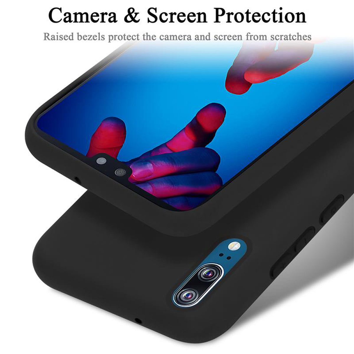 Eine schwarze Handyhülle mit einem Telefon darin. Der Bildschirm zeigt eine Oberfläche.