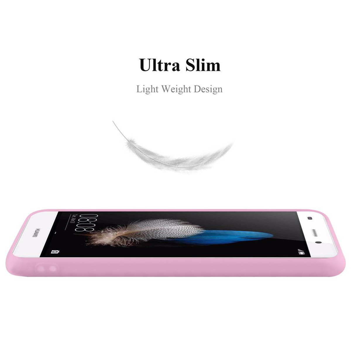 Una funda rosa para teléfono con una pantalla que muestra la hora 08:08. Una pluma flota sobre ella.