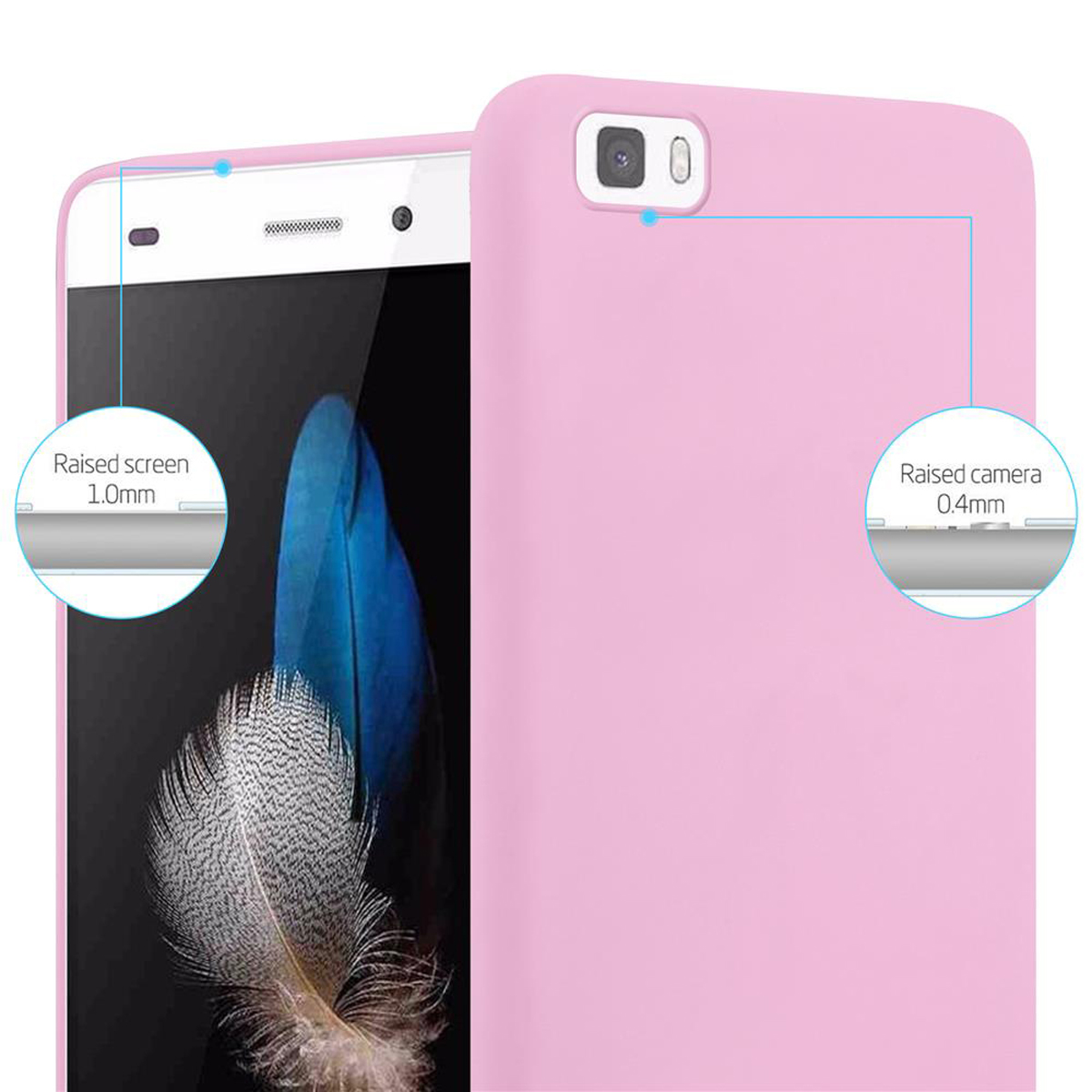 Funda rosa para teléfono con protección de pantalla y cámara elevadas. Detalles etiquetados en la funda, vista cercana.