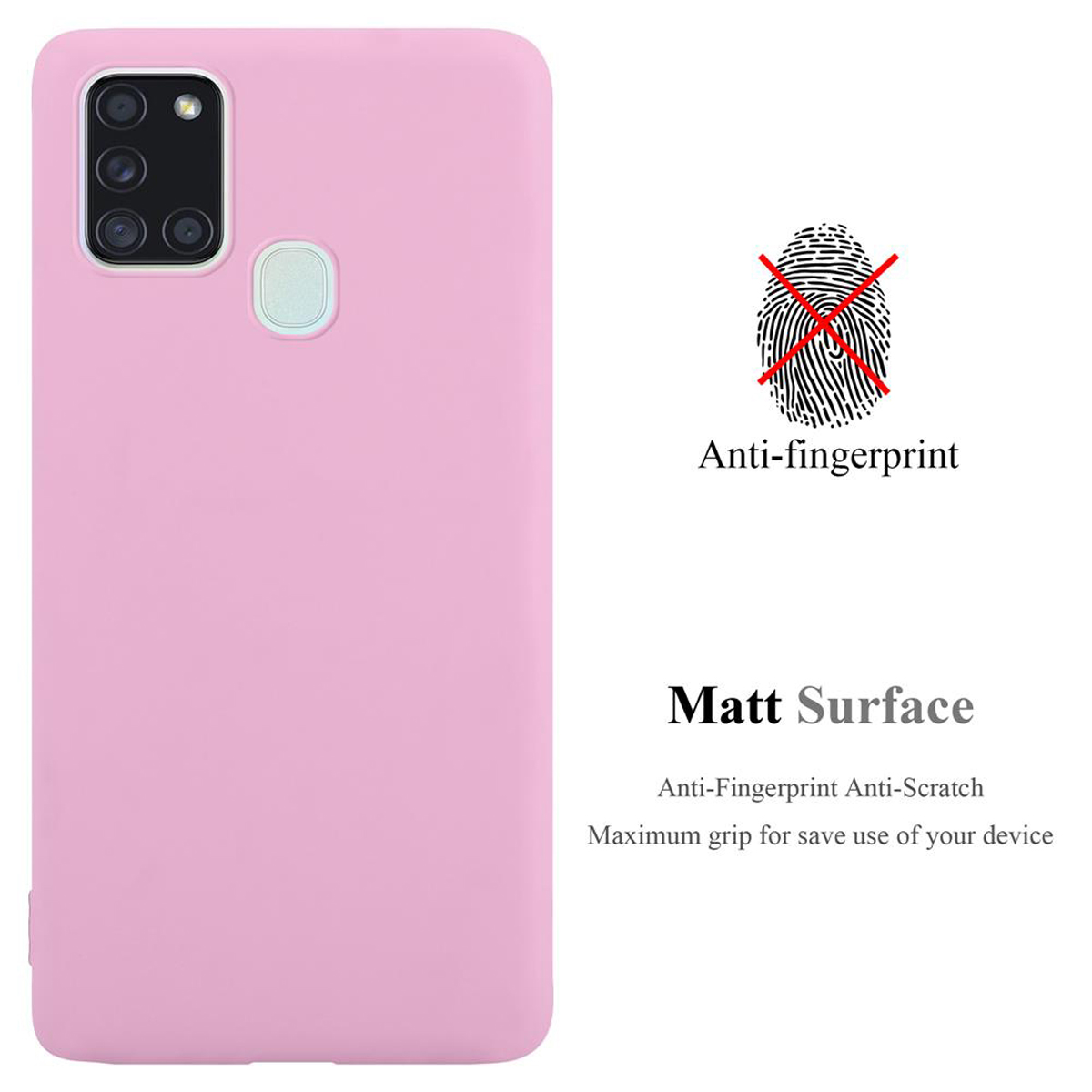 Eine hellrosa Handyhülle mit Text und einem Fingerabdruckbild. Der Text besagt, dass sie Anti-Fingerprint ist und eine matte Oberfläche hat.