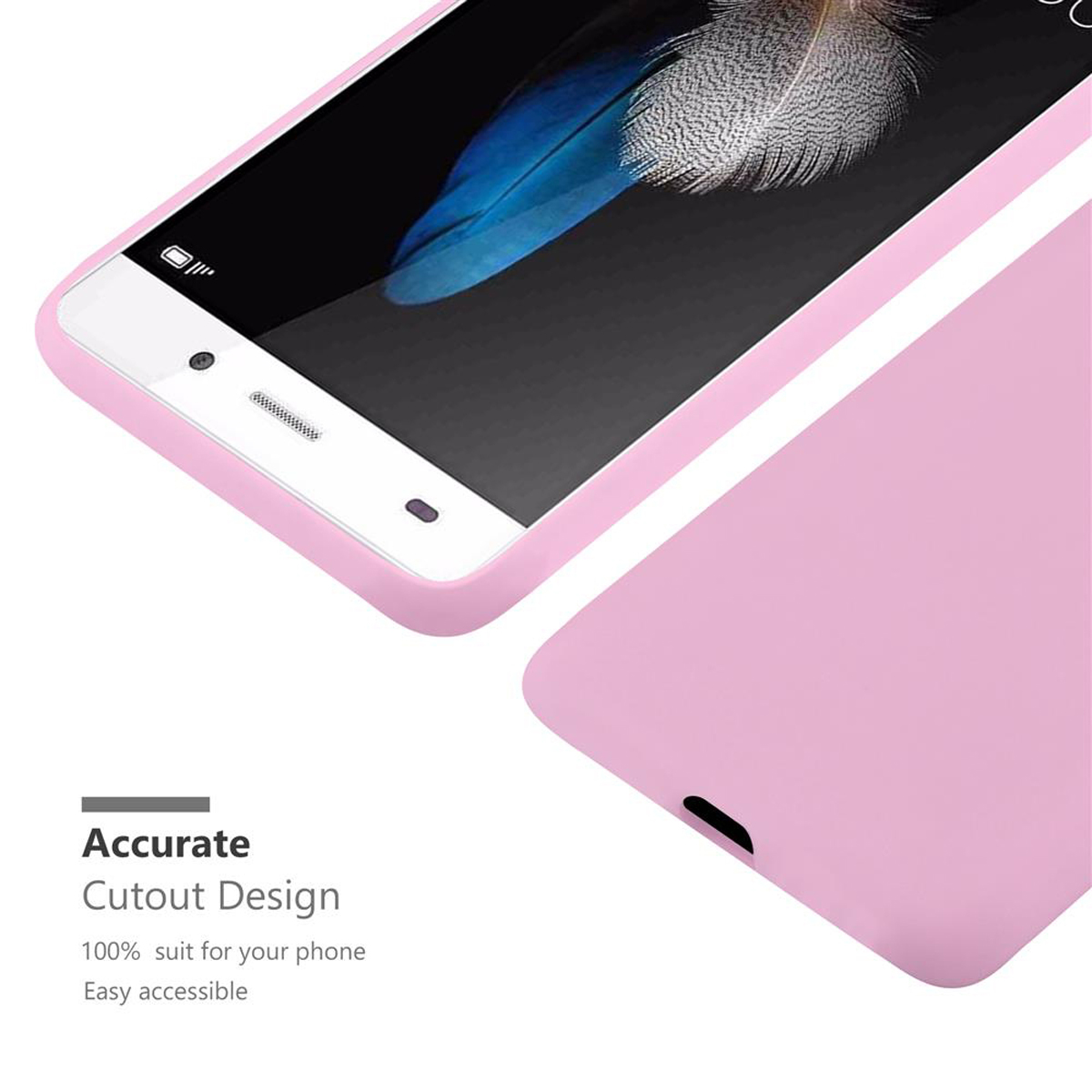 Una funda de teléfono rosa con un teléfono dentro. La funda tiene un diseño recortado para las funciones del teléfono.