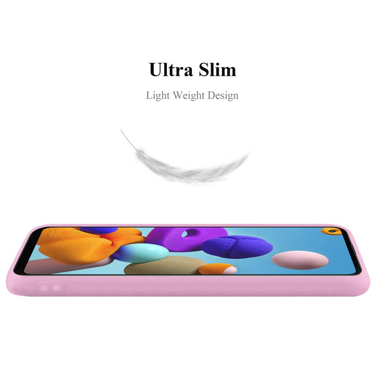Rosa Handyhülle mit Federgrafik und Text 'Ultra Slim' und 'Light Weight'.