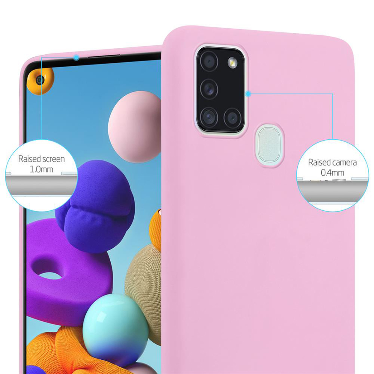 Eine rosa Handyhülle mit einem Telefon, das einen farbenfrohen Hintergrund zeigt. Die Hülle hat erhöhte Bildschirm- und Kameraränder.