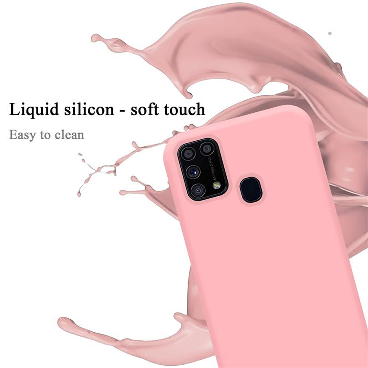 Custodia rosa per telefono. Silicone liquido, soft touch e facile da pulire. Spruzzo rosa sullo sfondo.