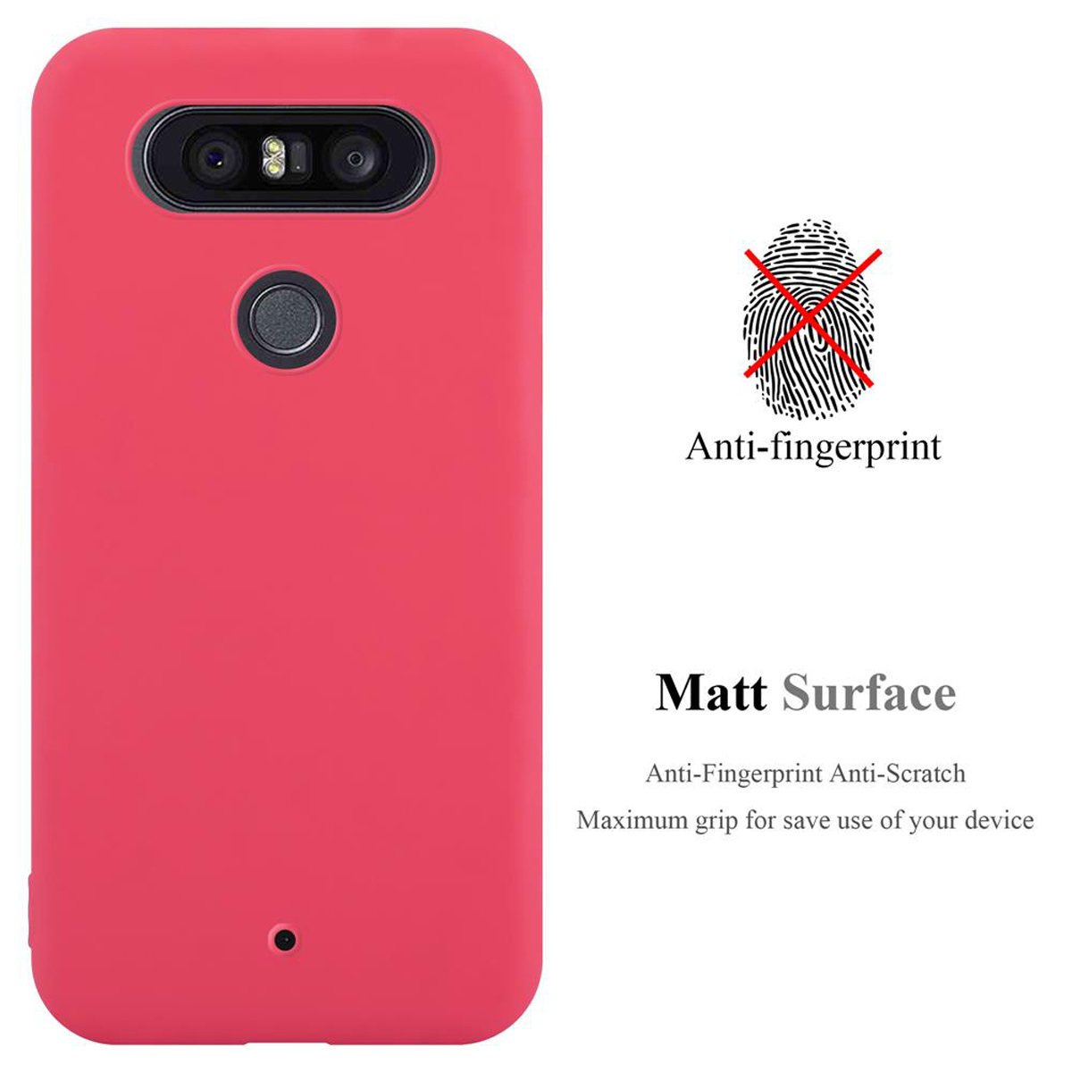 Eine rosa Handyhülle auf weißem Grund. Die Hülle hat ein rotes Fingerabdrucksymbol und Text: Anti-Fingerprint.