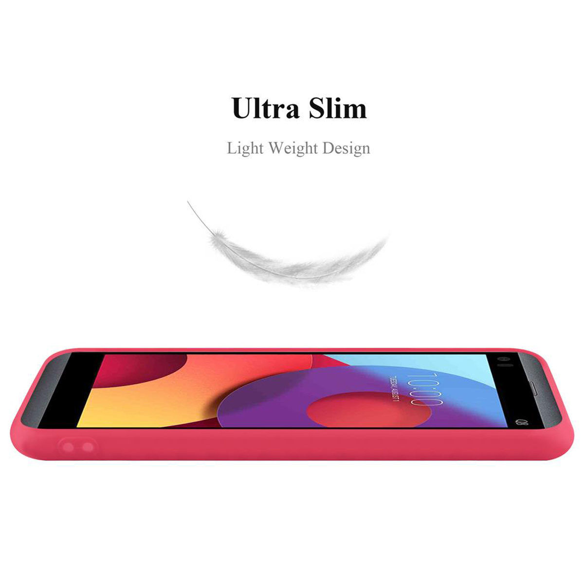 Rote Handyhülle mit Telefon. Text: 'Ultra Slim' und 'Light Weight Design'. Eine Feder schwebt darüber.