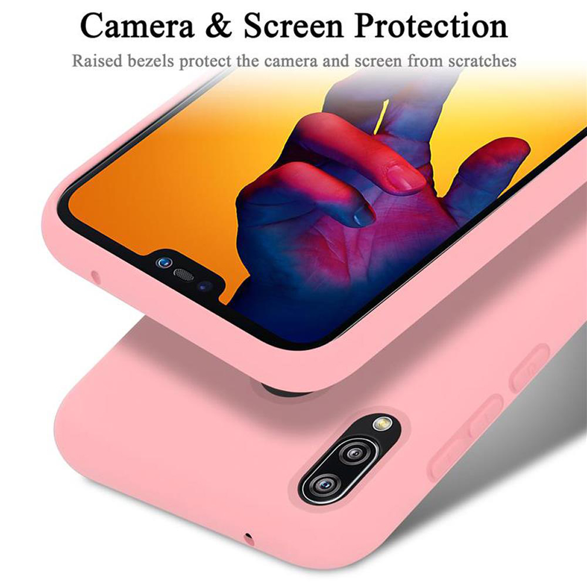 Eine rosa Handyhülle mit einem Telefon darin, das das Design des Kamera- und Bildschirmschutzes zeigt.