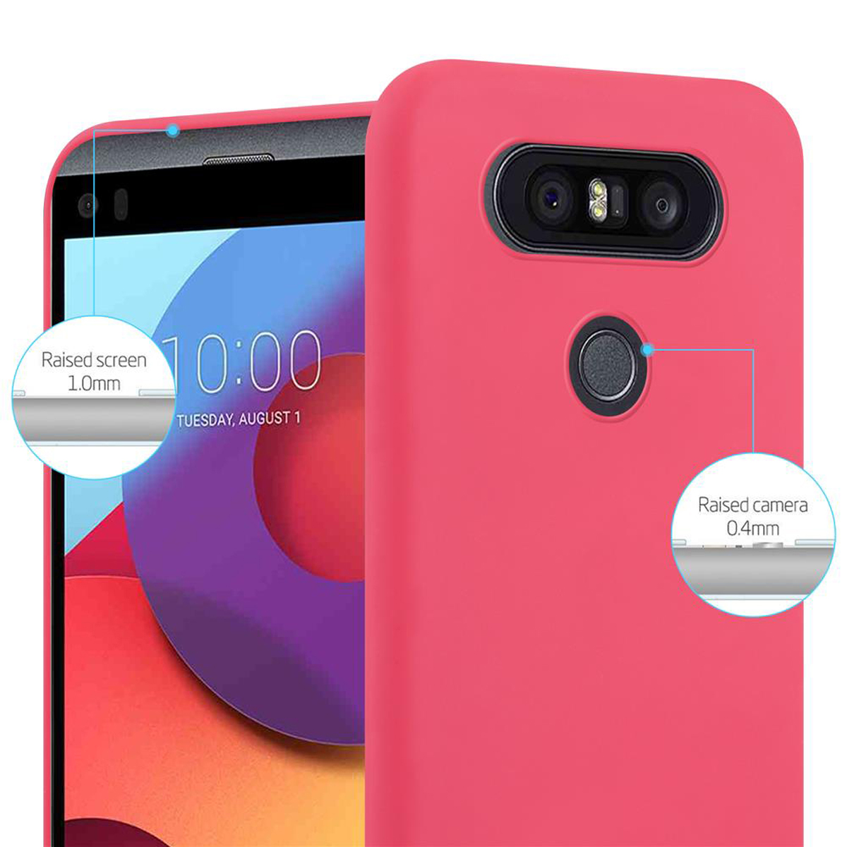 Rosa Handyhülle mit Telefon. Erhöhter Bildschirm und Kamera, Details hervorgehoben. Der Hintergrund ist verschwommen.