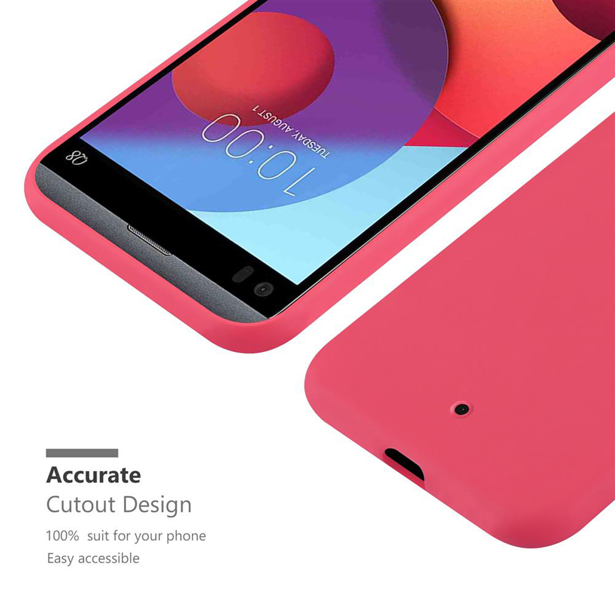 Eine rosa Handyhülle mit einem Telefon darin. Der Bildschirm zeigt Datum und Uhrzeit. Die Hülle hat ein Ausschnittdesign.