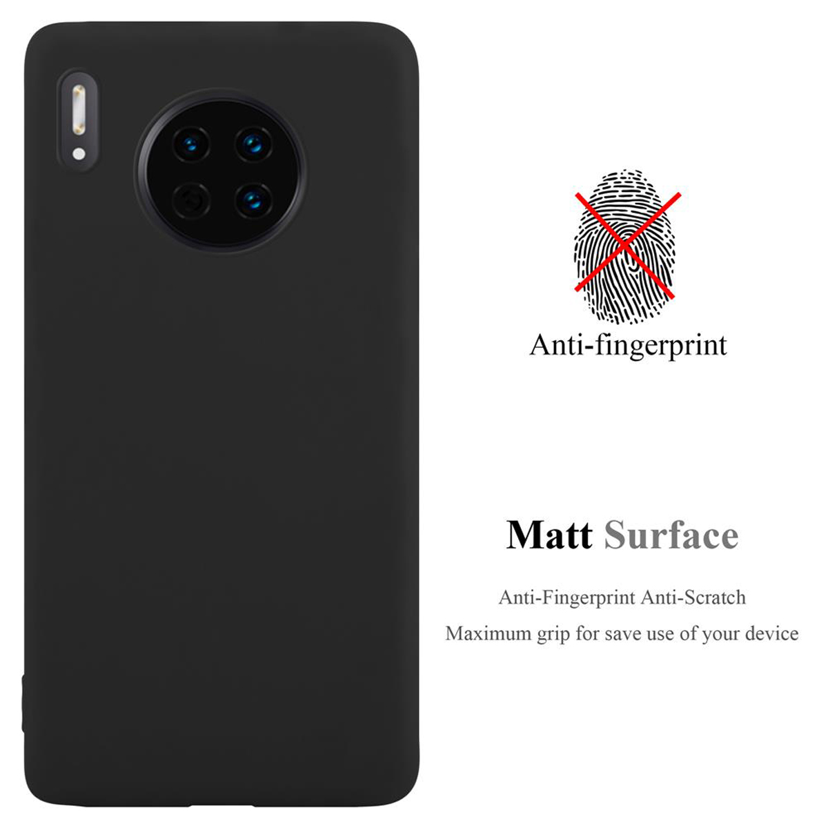 Custodia nera per telefono con testo: anti-impronta, superficie opaca, antigraffio, massima presa per il dispositivo.