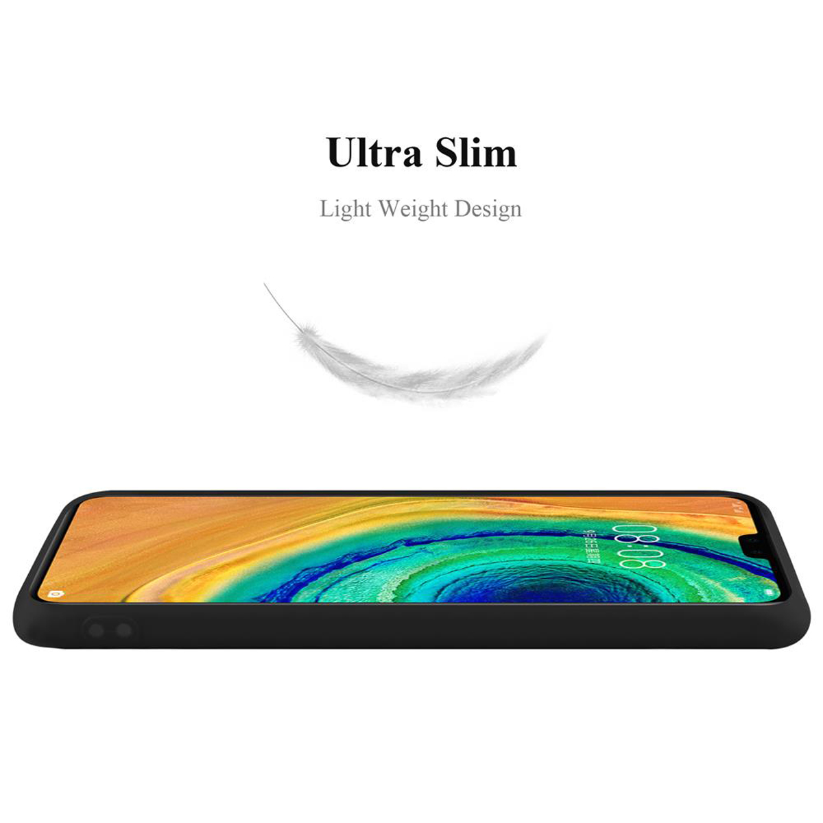 Primo piano di una custodia per telefono nera. Testo: 'Ultra Slim, Light Weight Design', con illustrazione di una piuma.