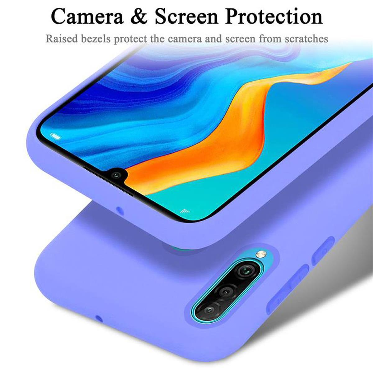 Una custodia per telefono viola sopra un'altra. Il testo dice "Protezione fotocamera e schermo". Lo schermo del telefono è visibile.
