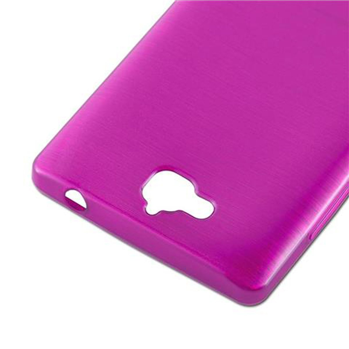 Primer plano de una funda rosa para teléfono. La funda tiene un agujero para la cámara.