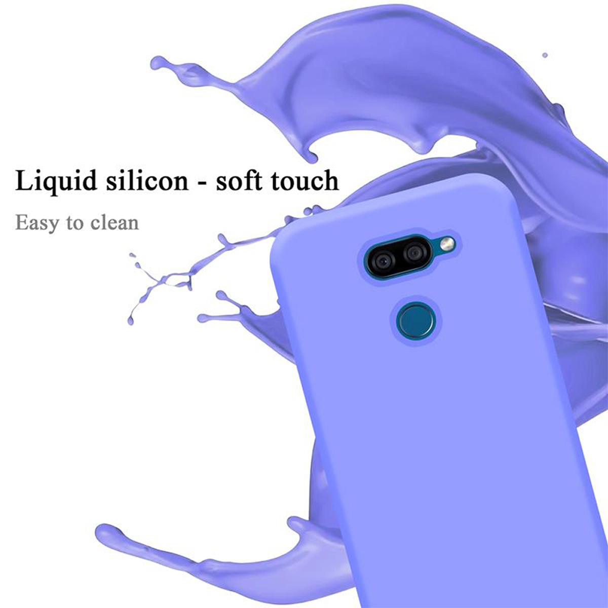 Custodia lilla con effetto splash, testo: Silicone liquido - tocco morbido. Facile da pulire.