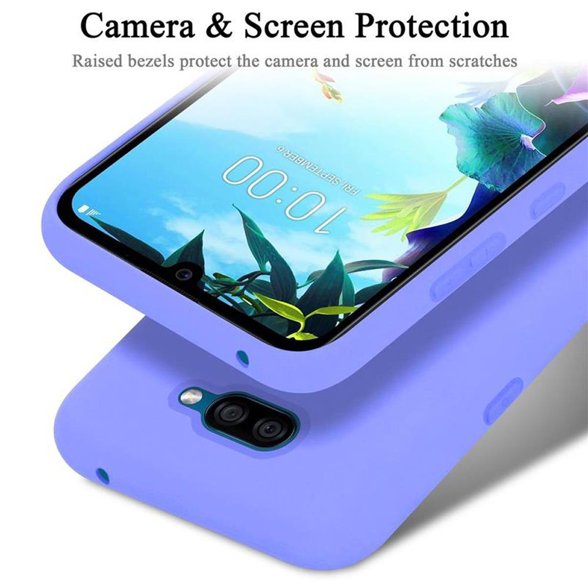 Telefono in una custodia viola. Testo: Protezione fotocamera e schermo. Le cornici rialzate proteggono la fotocamera e lo schermo.