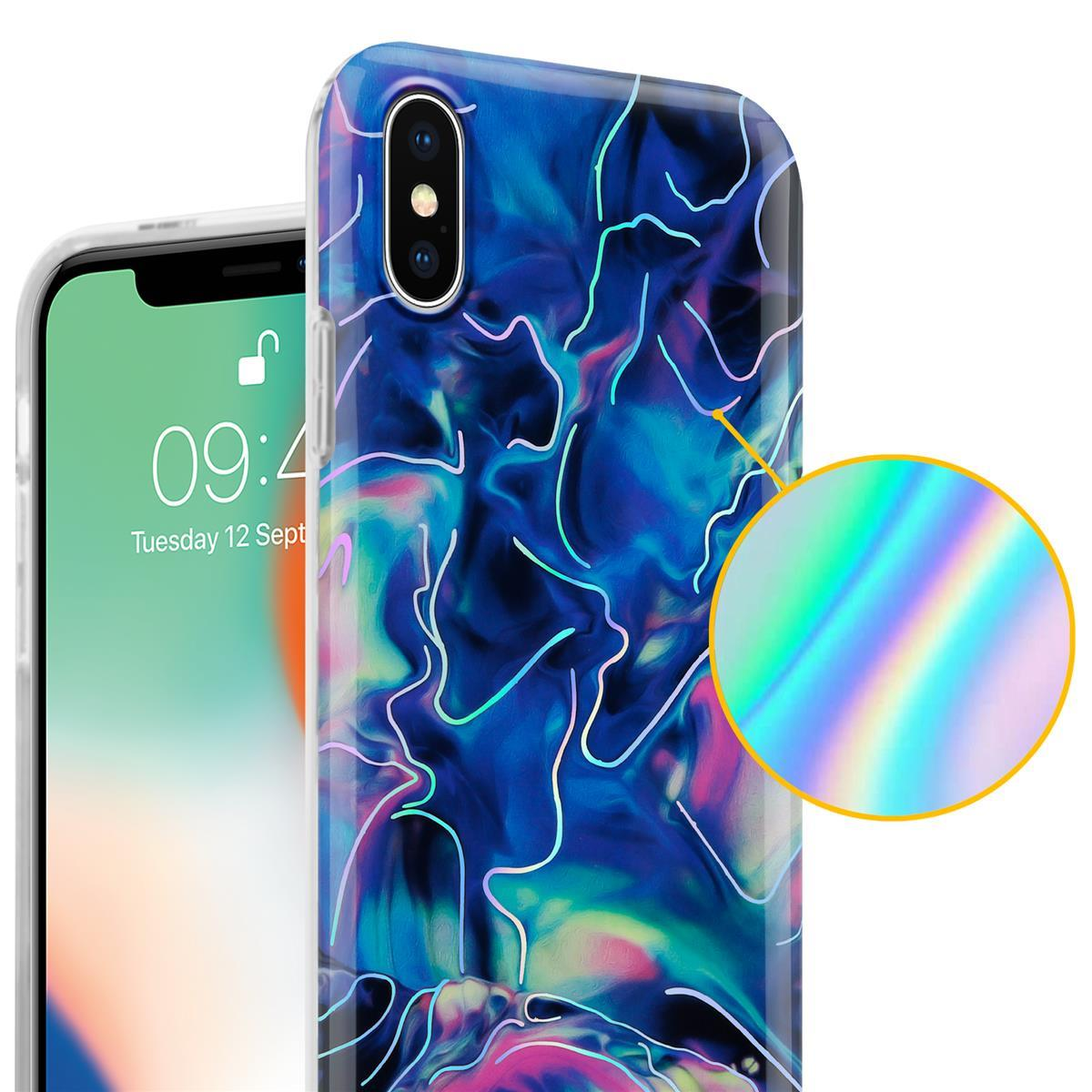 Primo piano di una custodia per telefono con un design astratto blu e verde.