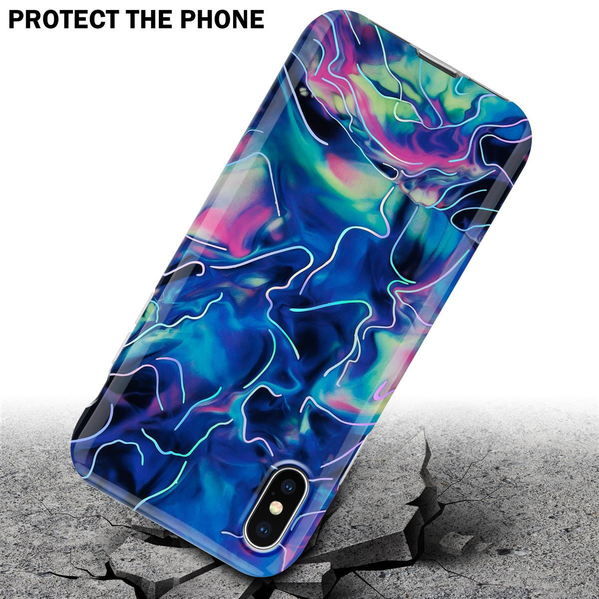 Custodia per telefono con design astratto colorato su superficie incrinata, testo: Proteggi il telefono.
