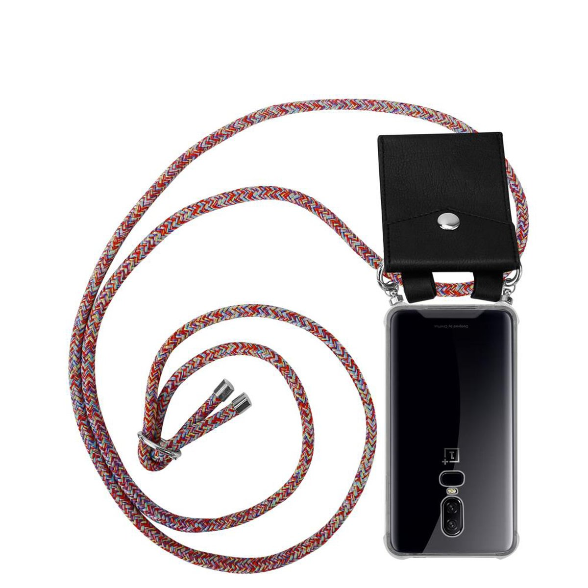 CADORABO Handy Kette mit PARROT COLORFUL Ringen, und Silber Band Kordel abnehmbarer Backcover, OnePlus, Hülle, 6