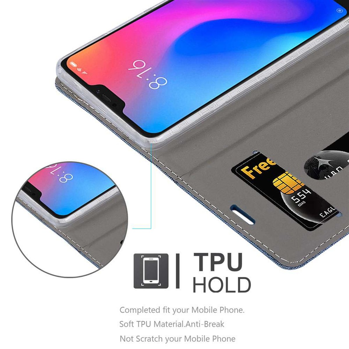 Telefon in grauem Etui mit Karte. Das Telefon zeigt 8:16. Das Etui ist offen, auf weißer Oberfläche.