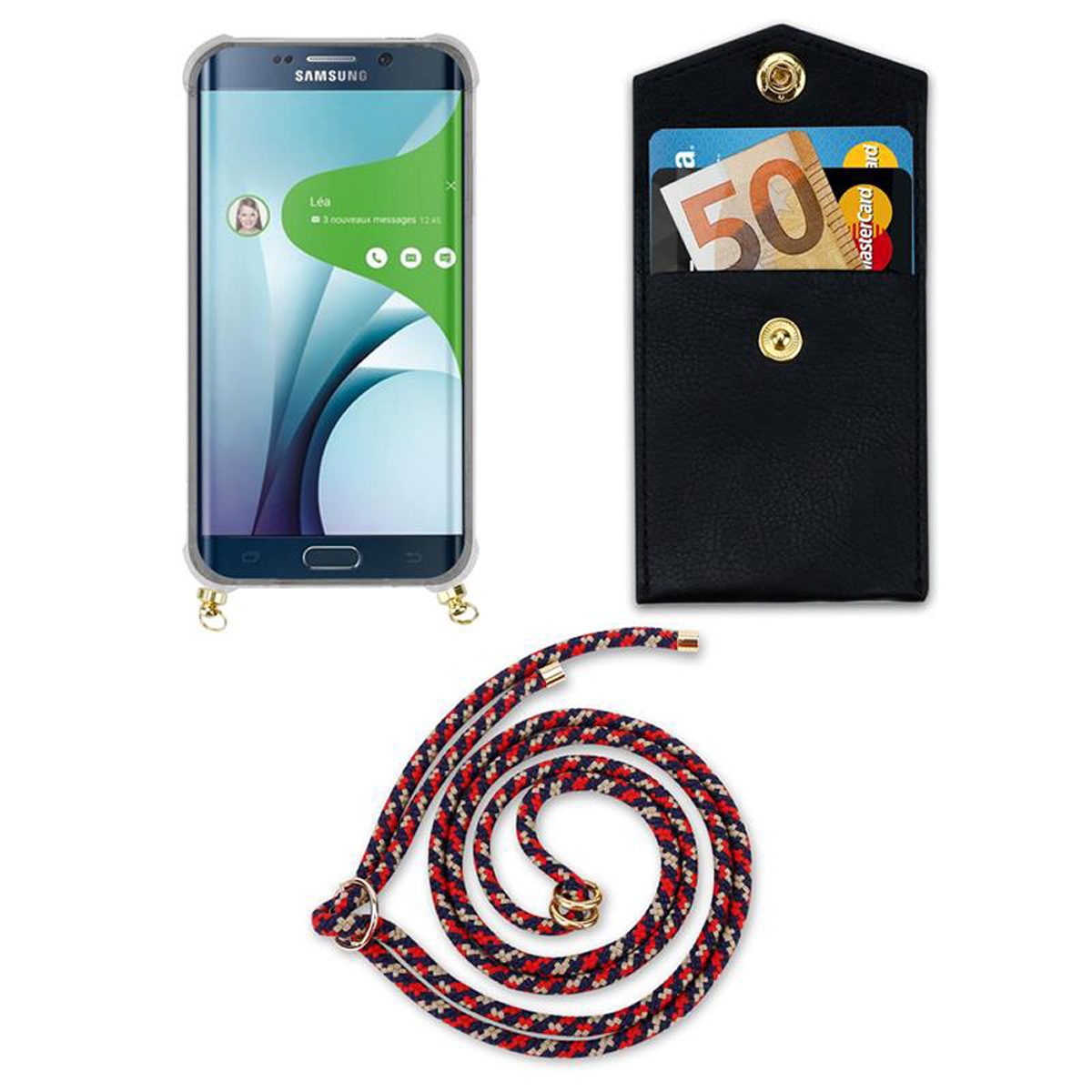 Telefono con schermo di chiamata, portafoglio nero con carte e contanti e cordino rosso e nero.
