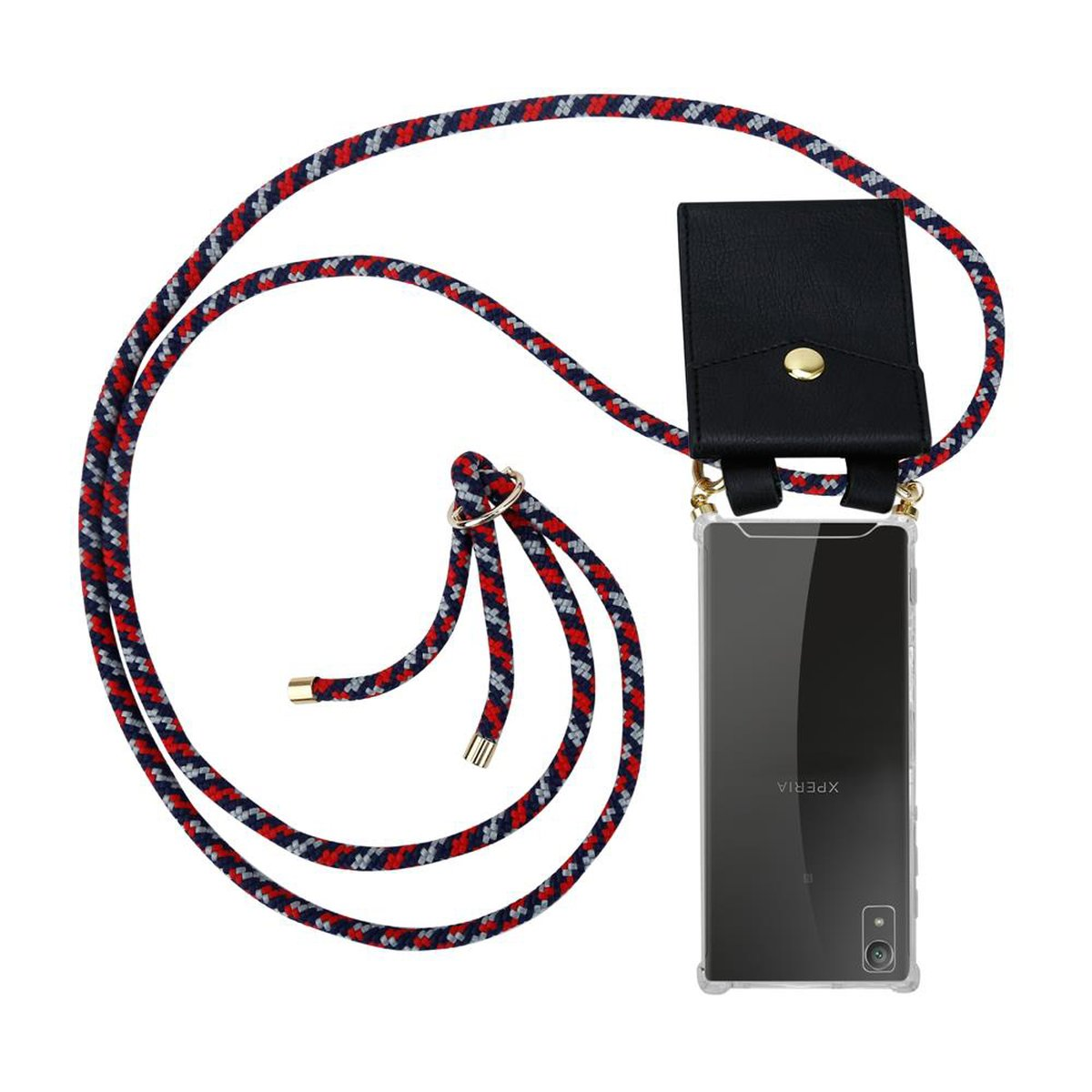 Handyhülle mit rot-weiß-blauem Schlüsselband, schwarzem Lederetui und Telefon.
