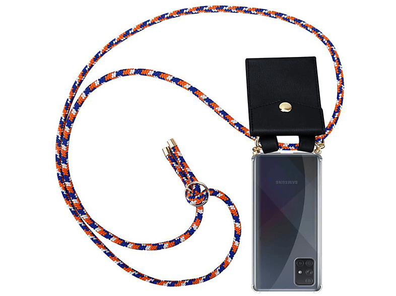 Backcover, Kordel abnehmbarer CADORABO Band Gold Ringen, Kette WEIß mit und Galaxy Handy A51 Hülle, BLAU Samsung, 5G, ORANGE