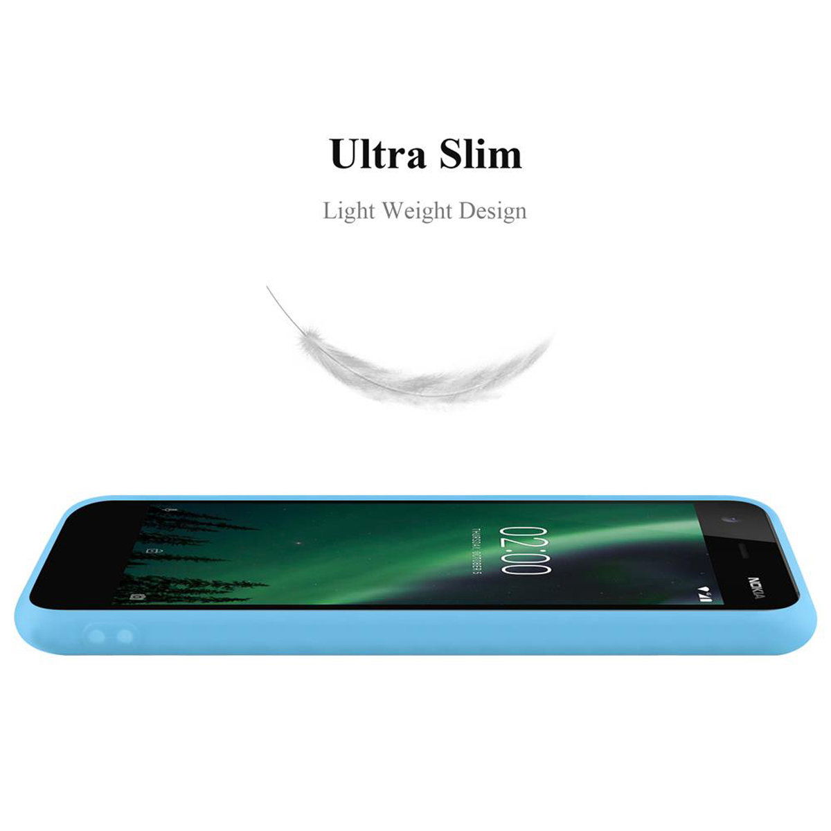 Una custodia per telefono blu. Le parole Ultra Slim, Light Weight Design sono scritte sopra la custodia.
