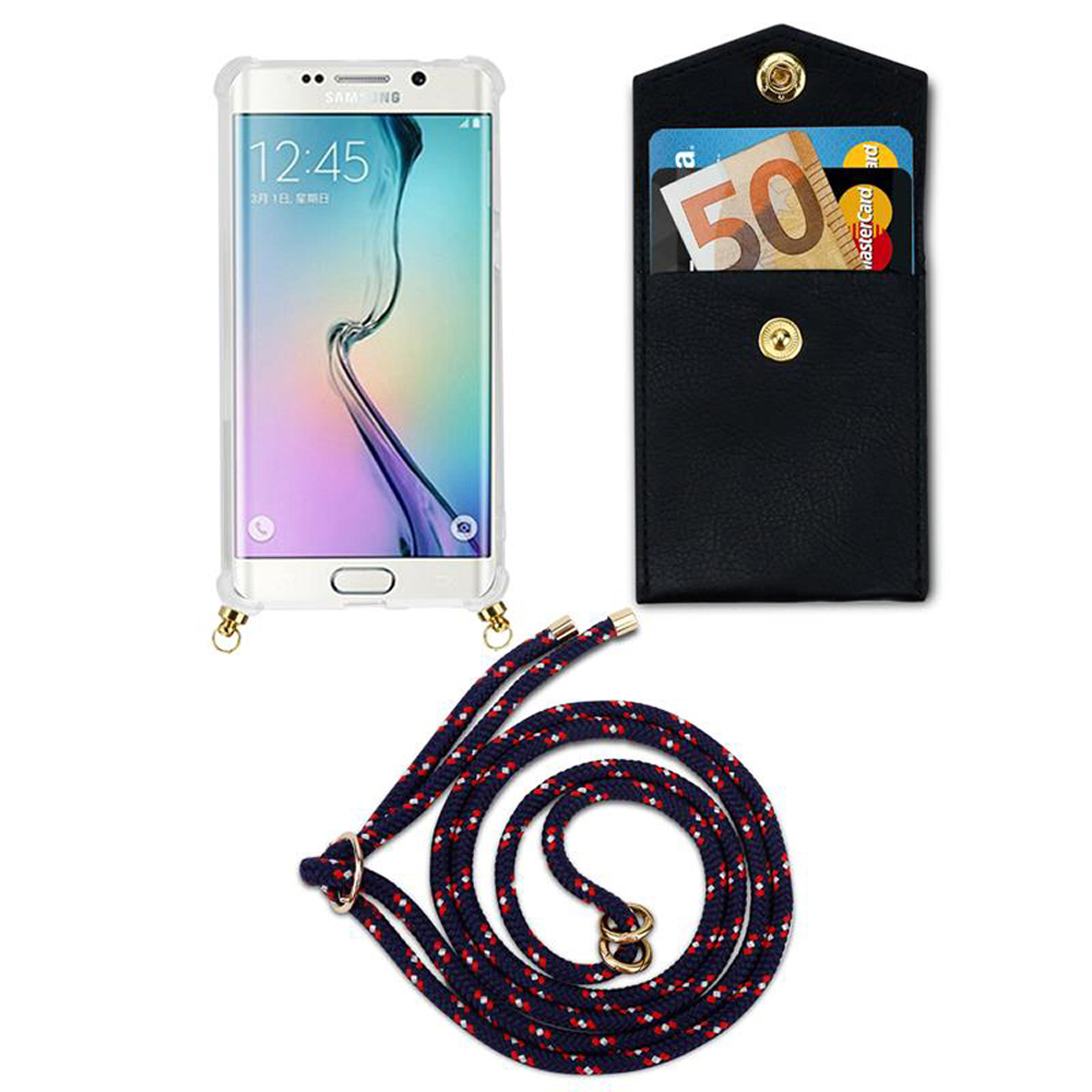 Telefono con custodia, portafoglio nero con carte e cordino rosso e blu.