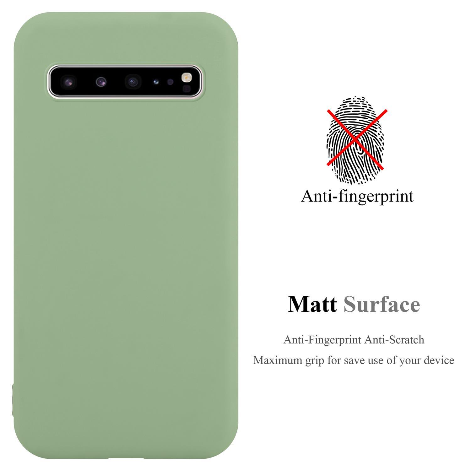 Grüne Handyhülle mit Text 'Anti-Fingerprint' und 'Matt Surface'. Rückseite des Telefons ist grün.